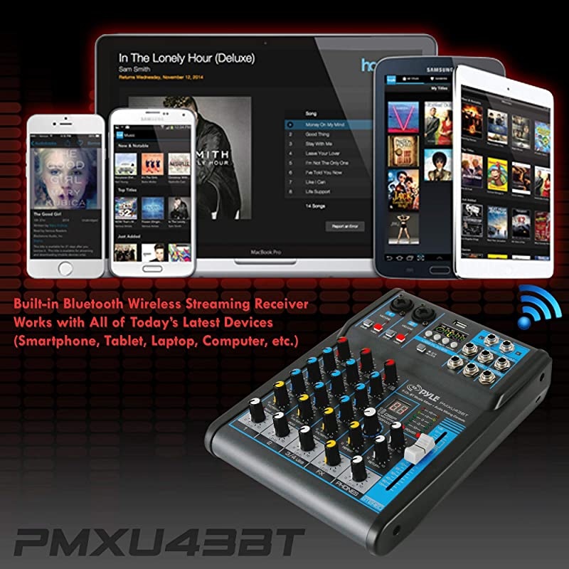 Professional Audio Mixer Sound Board Console System Interface 4 Channel Digital USB Bluetooth MP3 Computer Input 48V Phantom Power Stereo DJ Studio Streaming FX 16Bit DSP processorPMXU43BT