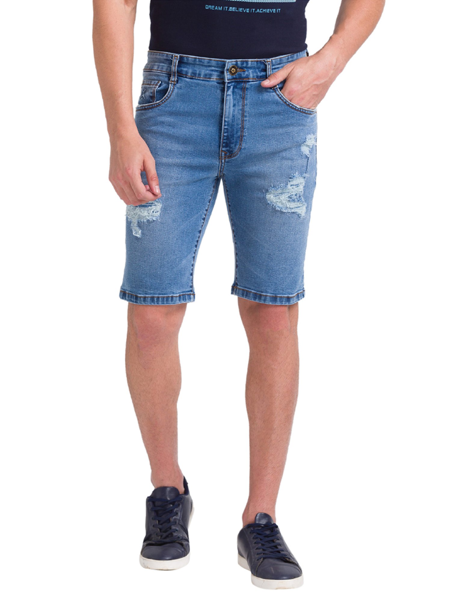 Parx Blue Regular Fit Distressed Denim Shorts