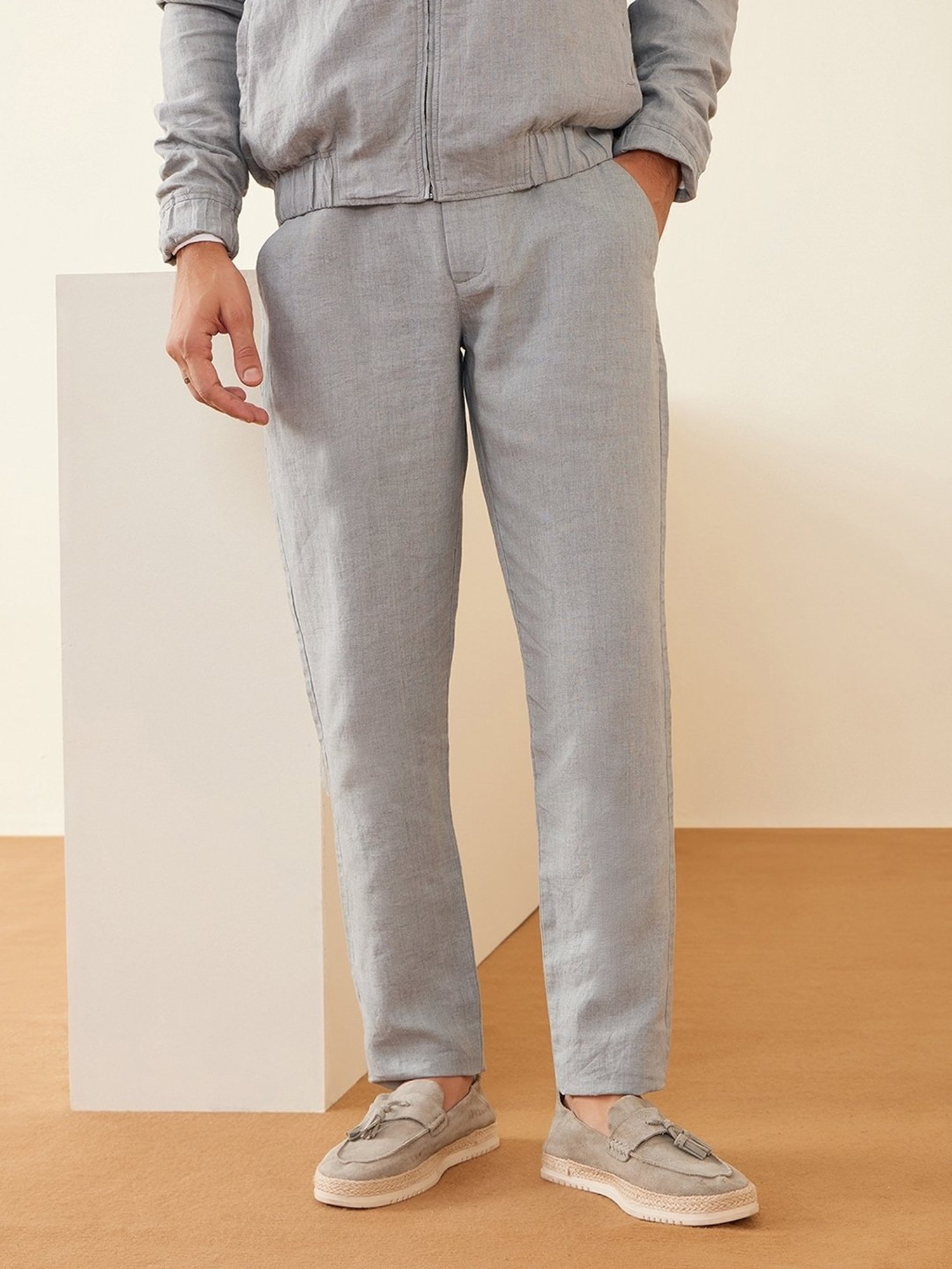 Andamen Grey Linen Regular Fit Solid Trousers