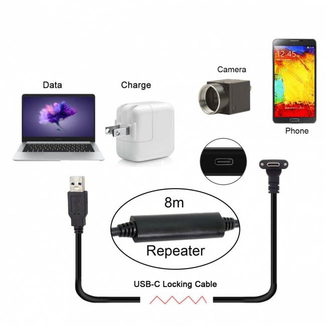 Cablecc 8.0M Down Up Angled USB 3.1 Type-C Dual Screw Locking to USB3.0 Data GL3523 Repeater Cable 90 Degree for Camera Oculus Quest Link