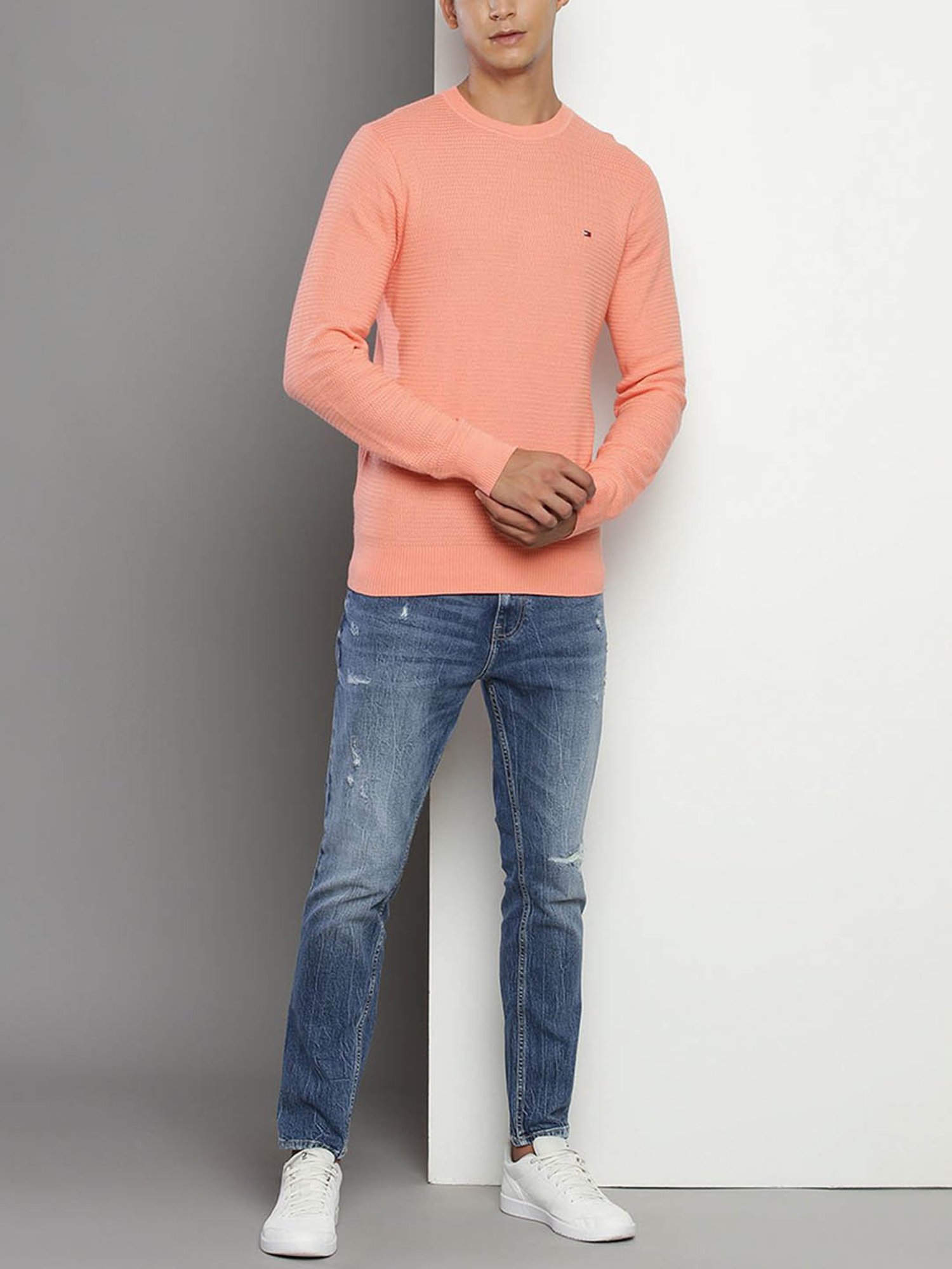 Tommy Hilfiger Peach Cotton Regular Fit Self Pattern Sweater