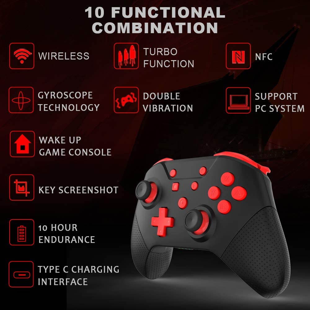 Wireless Controller for Switch Remote Pro Controller with Wake Up, NFC, Turbo, Gyro Axis, Dual Shock (Black Rad)
