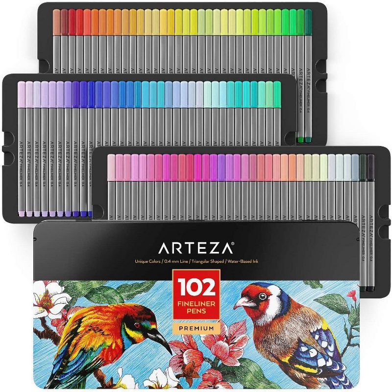 Arteza Fineliner Colored Pens Set, Inkonic, Fine Line, 0.4mm Tips, Assorted Colors - 102 Pack (ARTZ-8420)