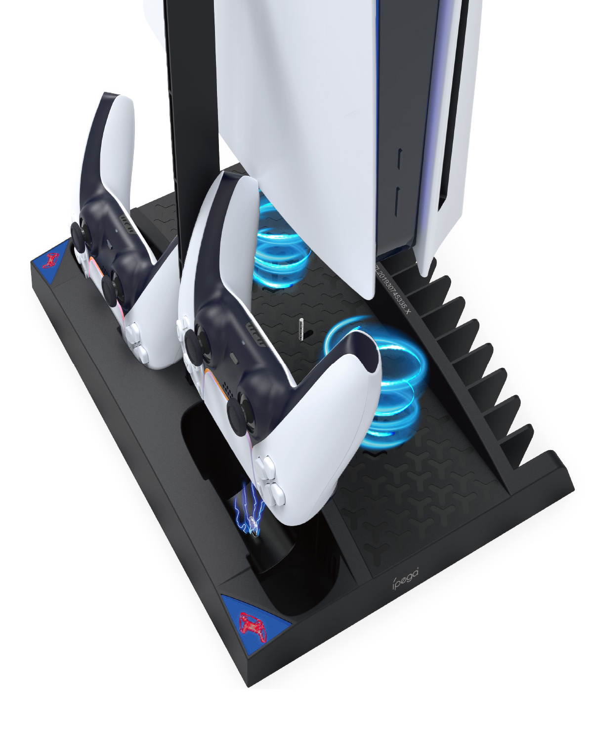 PS5 Cooling Stand with Headset Holder & Cooling Fan Base, Multifunctional Vertical Stand with 2 Controller Charging Station & LED Indicator & 17 Game Disc Slots for PS5 Console Digital Edition/UltraHD