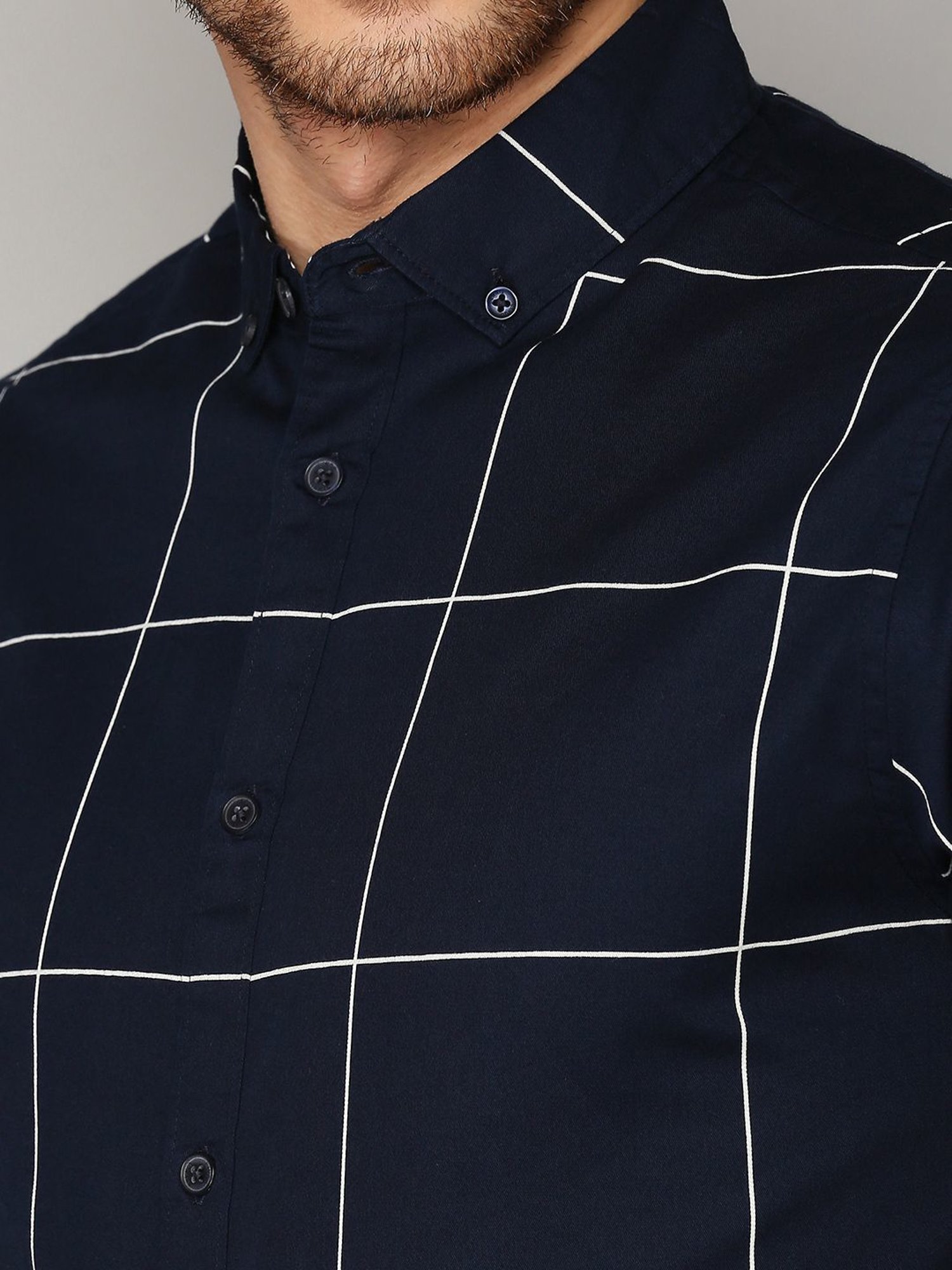 Dennis Lingo Navy Cotton Slim Fit Checks Shirt