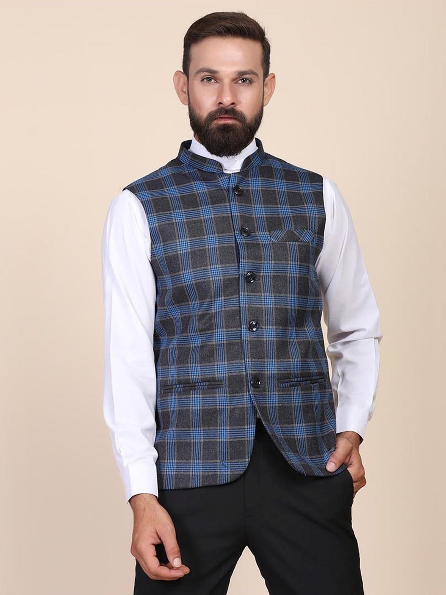 TAHVO Grey & Blue Slim Fit Checks Nehru Jacket