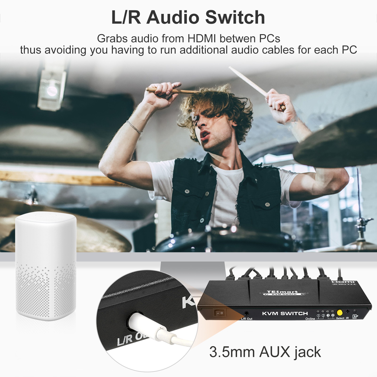 TESmart HDMI KVM Switch 4 ports 4 in 1 out  , support 4k 3840*2160@60Hz 4:4:4  Support HDR 10 and Dolby Vision ,Complaint with HDCP 2.2, With USB2.0 and audio output ports