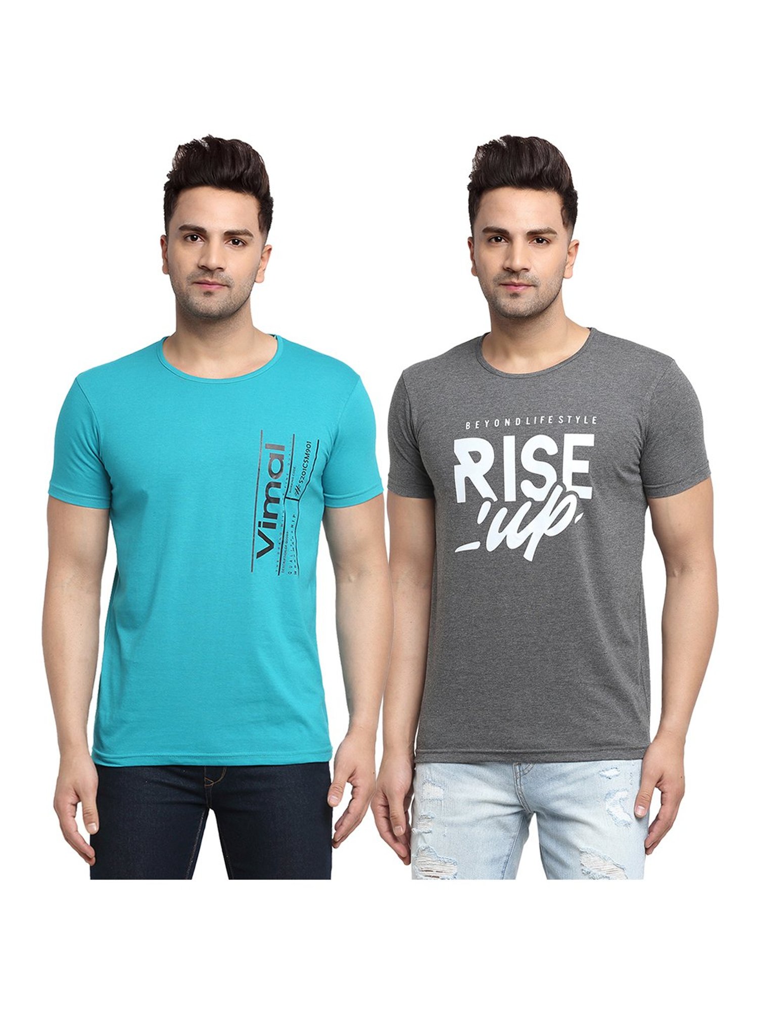 Vimal Jonney Turquoise & Dark Grey Printed T-Shirt - Pack of 2