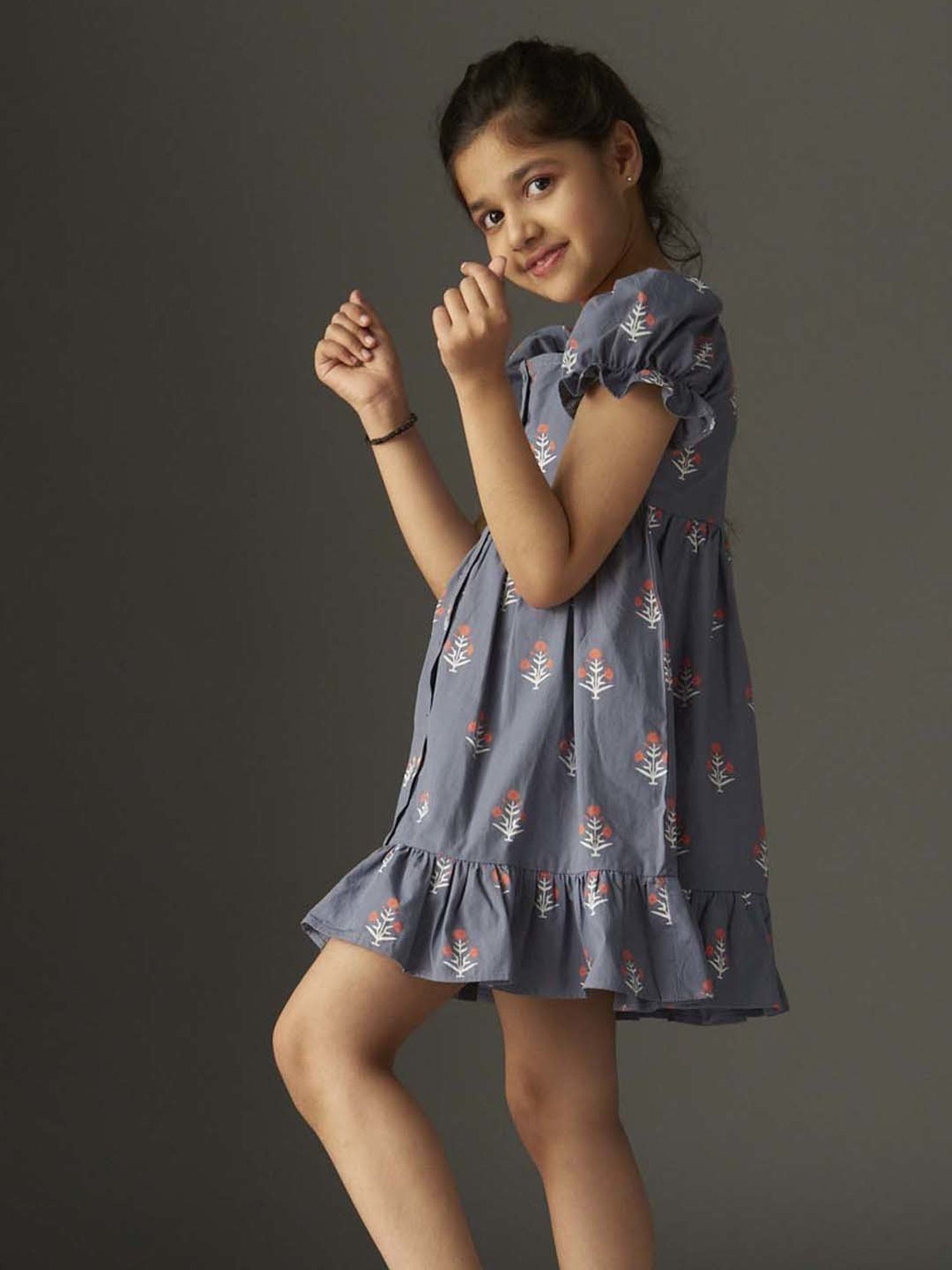 KidsDew Kids Grey Cotton Floral Print Dress