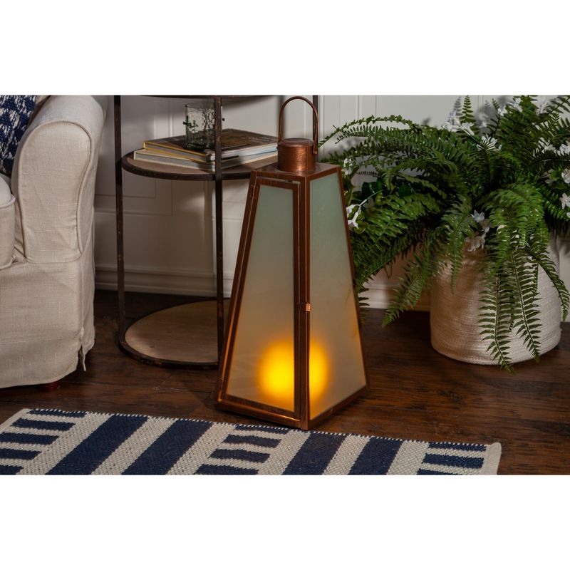 Everlasting Glow 20.88-Inch Tall Triangular Brushed Copper Lantern with FireGlow&trade; Lights and Timer Feature
