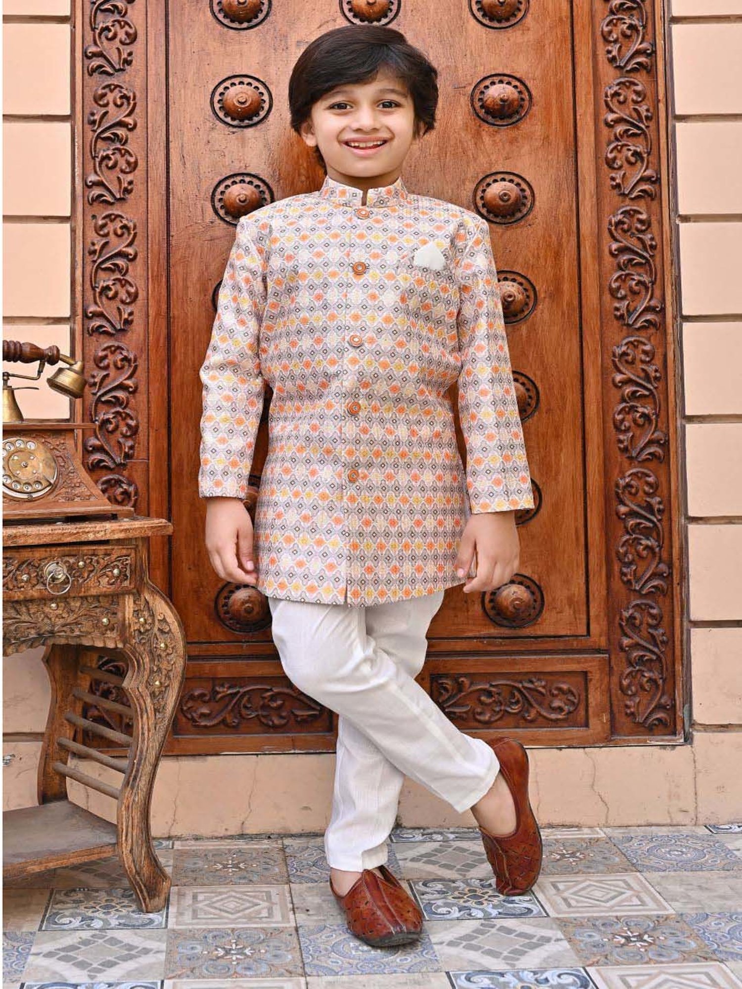 Ahhaaaa Kids Mustard & White Embroidered Full Sleeves Sherwani Set
