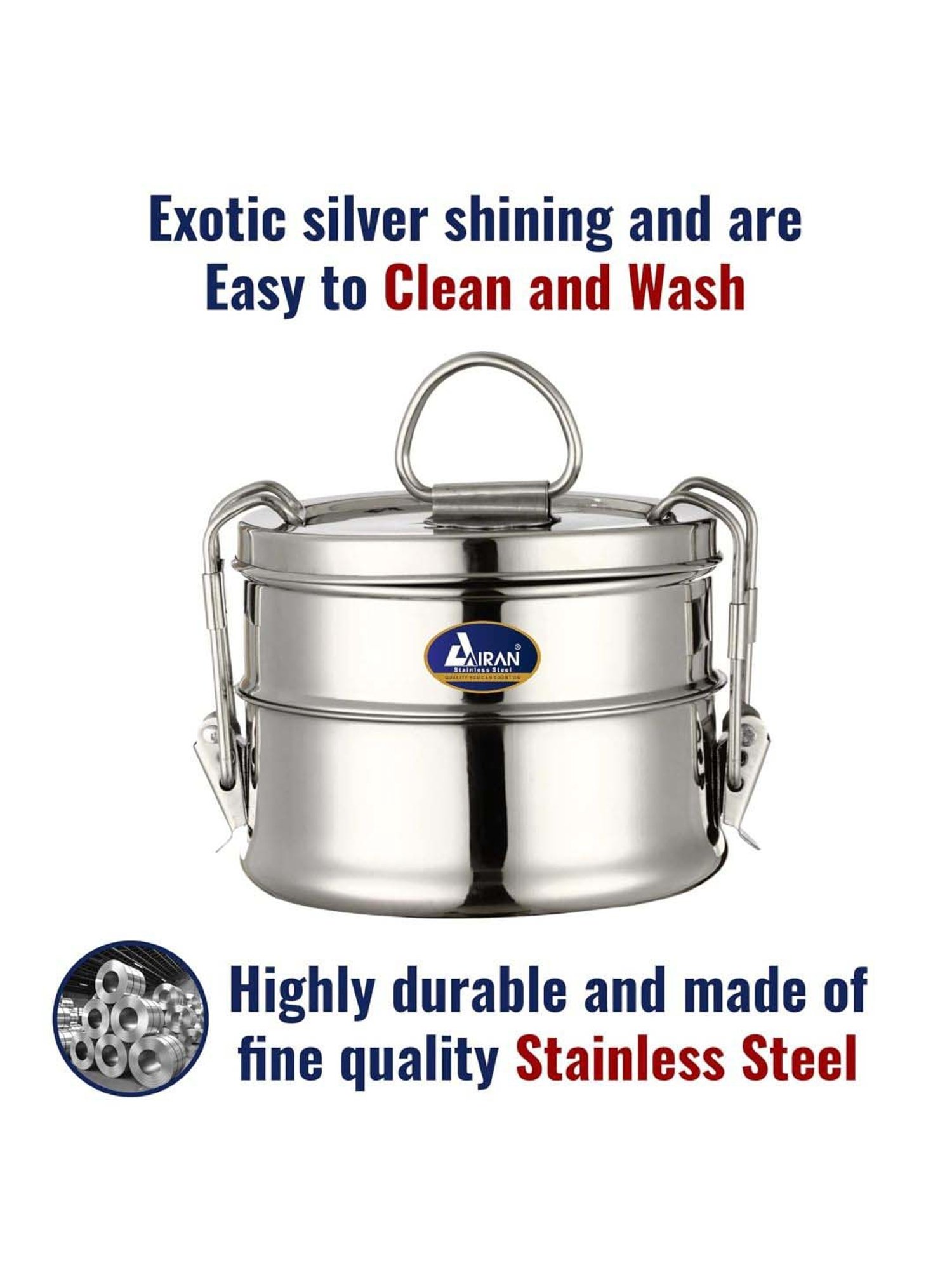 Airan Silver Stainless Steel Travelling Lunch Box Set For Office & School