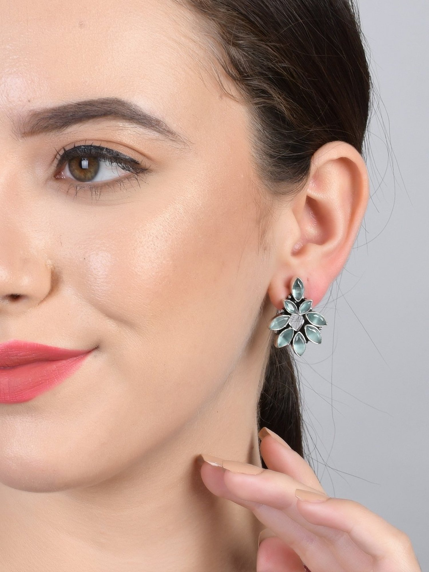 Imli Street Green Silver Tone Stone-Studded Handcrafted Stud Earrings