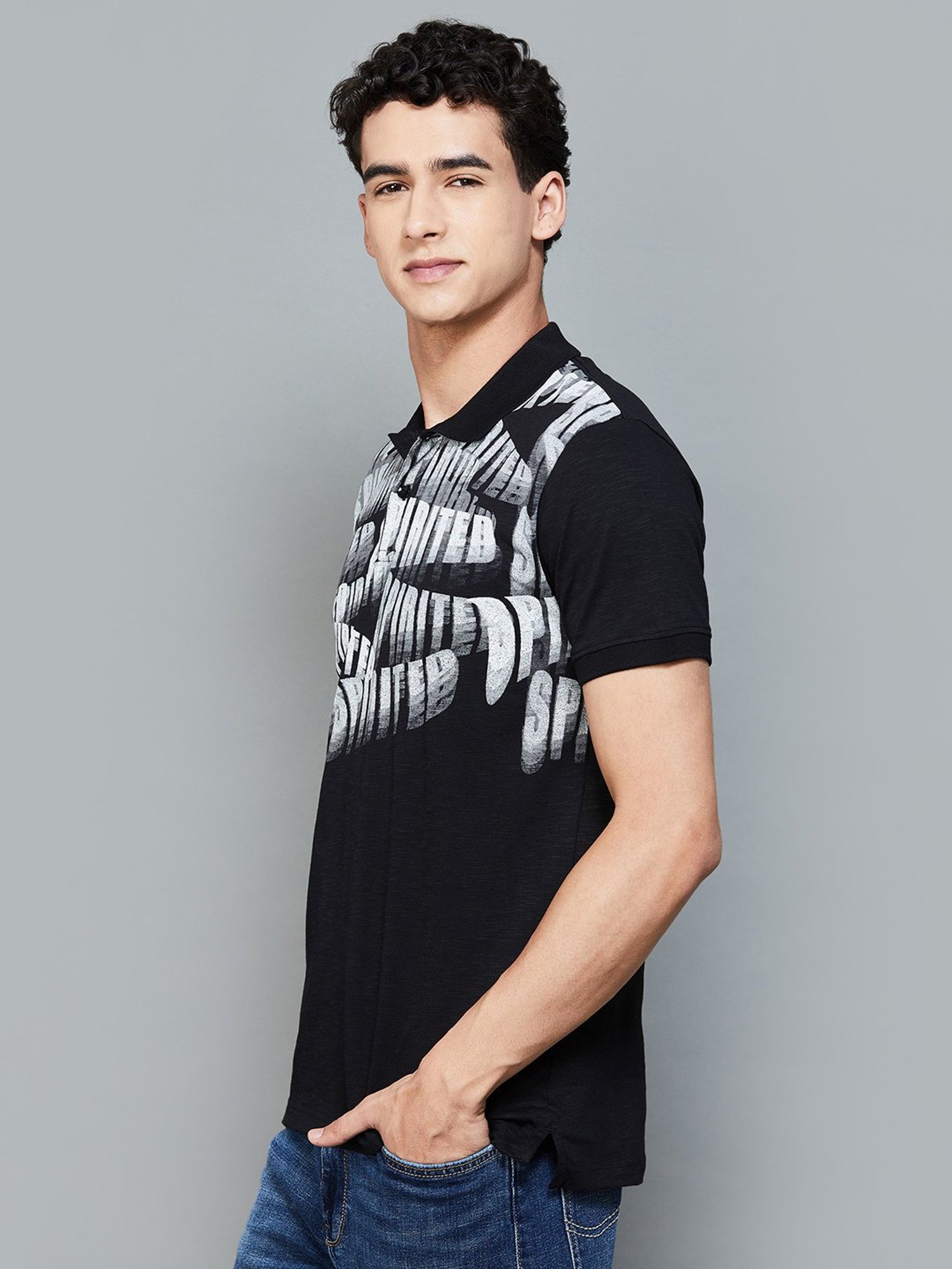 Forca by Lifestyle Black Regular Fit Printed Polo T-Shirt