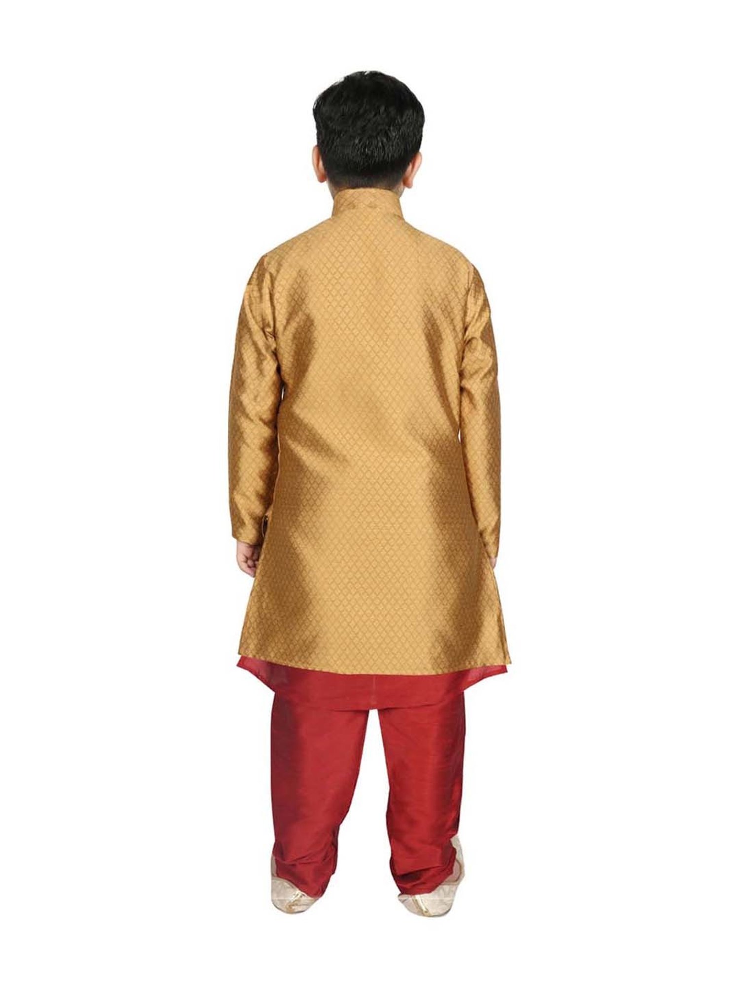 SG Yuvraj Kids Gold & Maroon Textured Pattern Full Sleeves Kurta Set