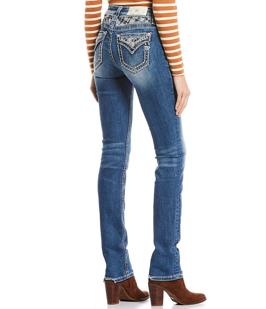 Miss Me Heart Beater Plaid Studded Pocket Mid Rise Straight Jeans