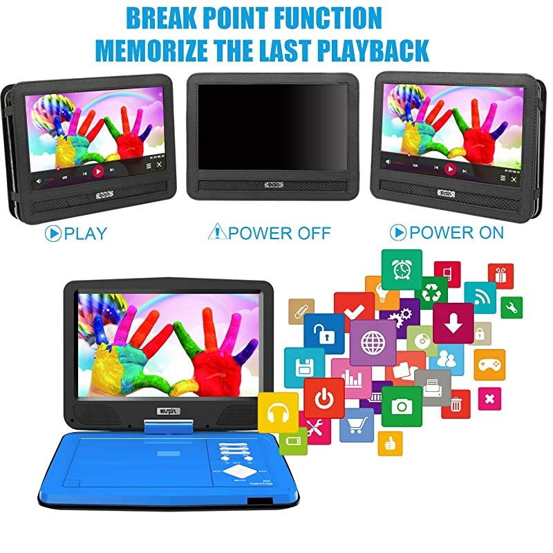 125 Portable DVD Player for Car and Kids with Headrest Mount 101 HD Screen 5 Hours Rechargeable Battery Remote Control Car Charger Wall Charger Region Free Ideal for Road Trip Blue