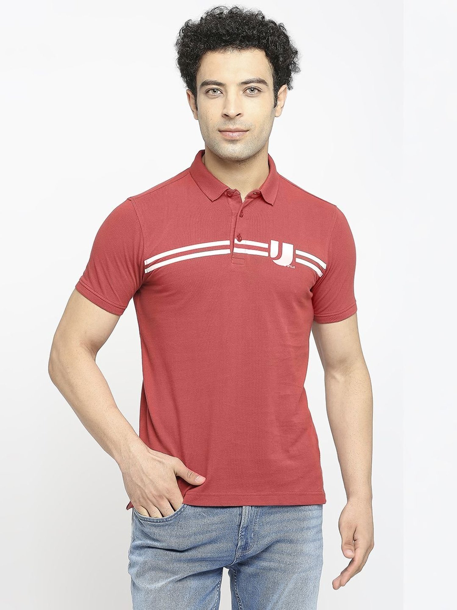 UnderJeans by Spykar Brick Red Regular Fit Polo T-Shirt