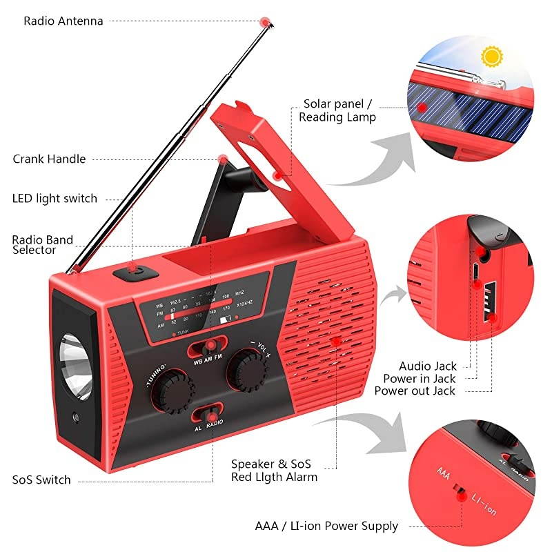 KA340 5Way Powered Rechargeable LED Camping Lantern Emergency AMFMSW NOAA Weather Alert Radio with Bluetooth Flashlight 5V USB Mobile Phone Charger MP3 Player Siren Gold