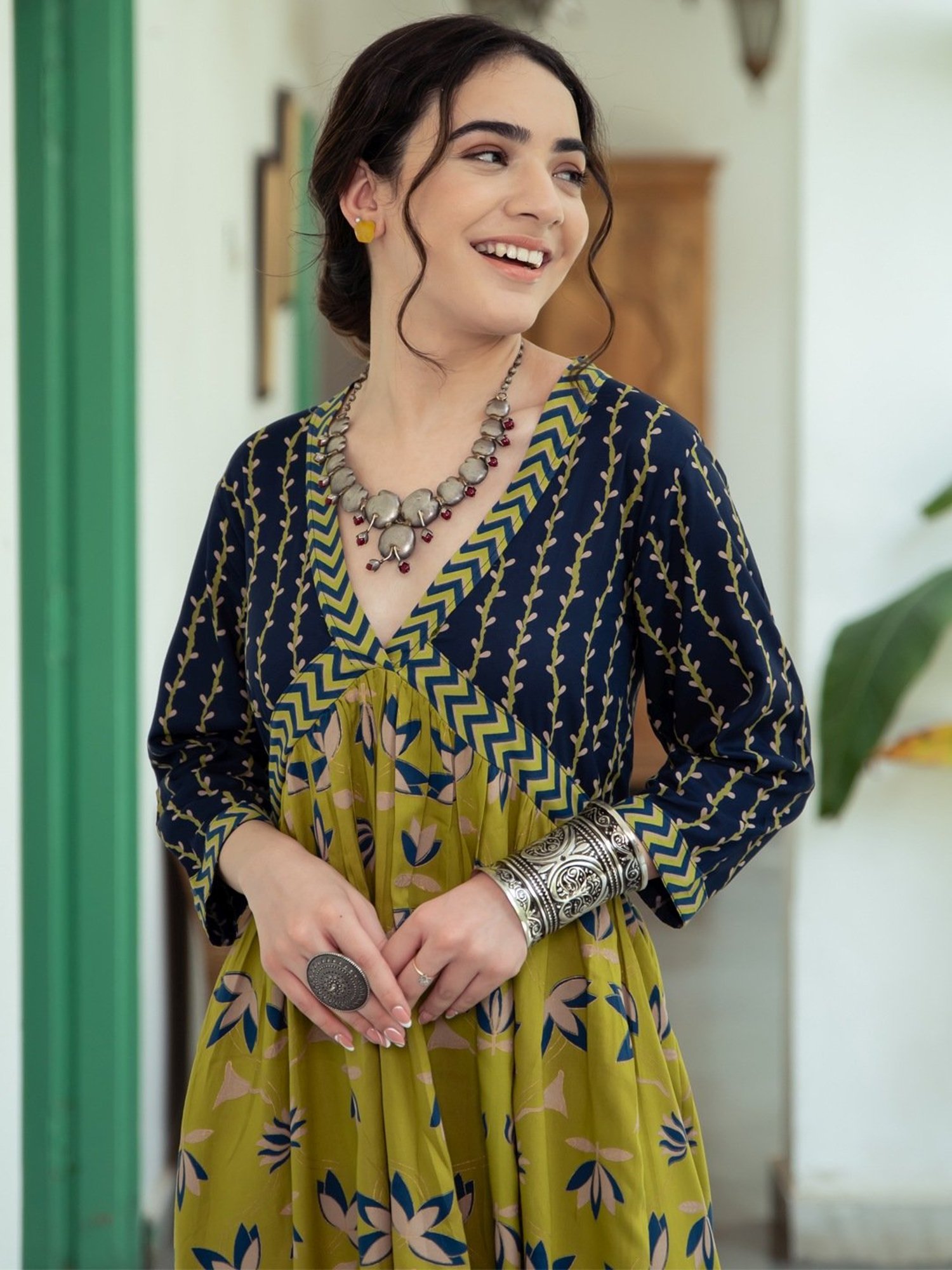 Rustorange Green & Navy Printed Maxi Dress