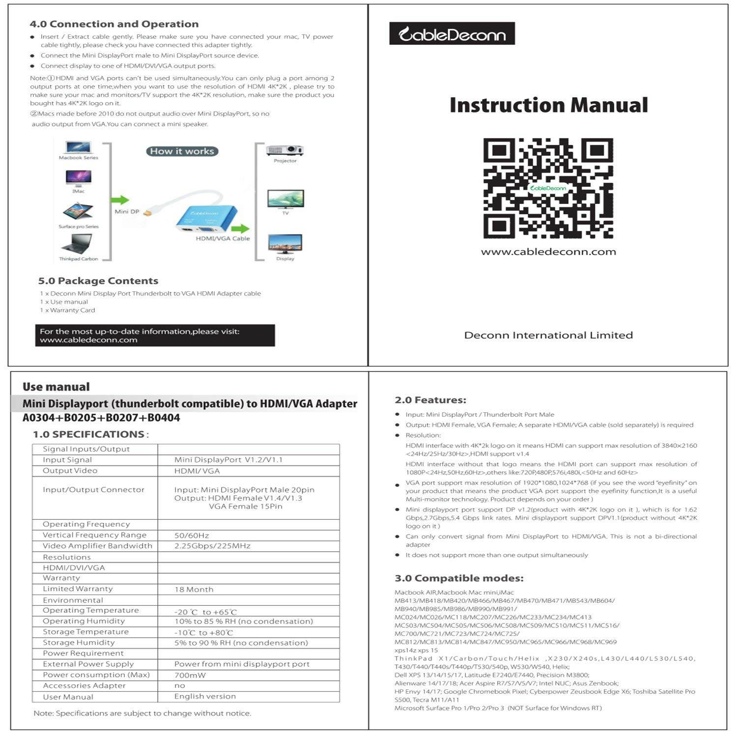 CableDeconn Mini Displayport to HDMI VGA Cable Adapter Thunderbolt 2 hub 4K Multi-port 2in1 Converter for Apple Macbook Pro air