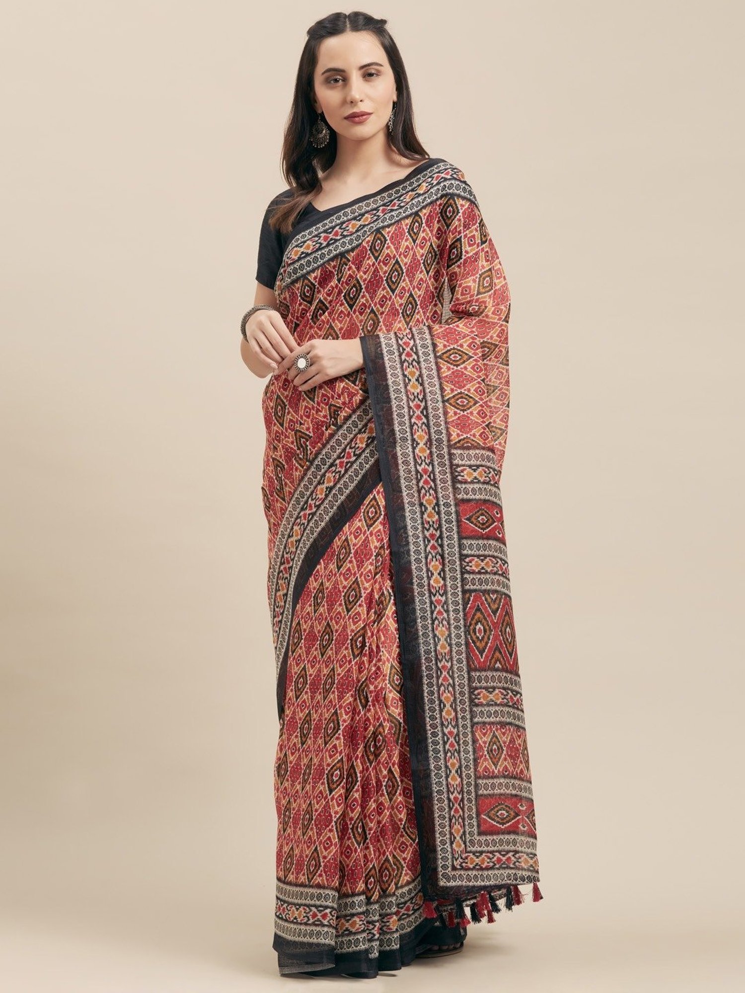 Vaamsi Maroon & Black Printed Saree With Unstitched Blouse