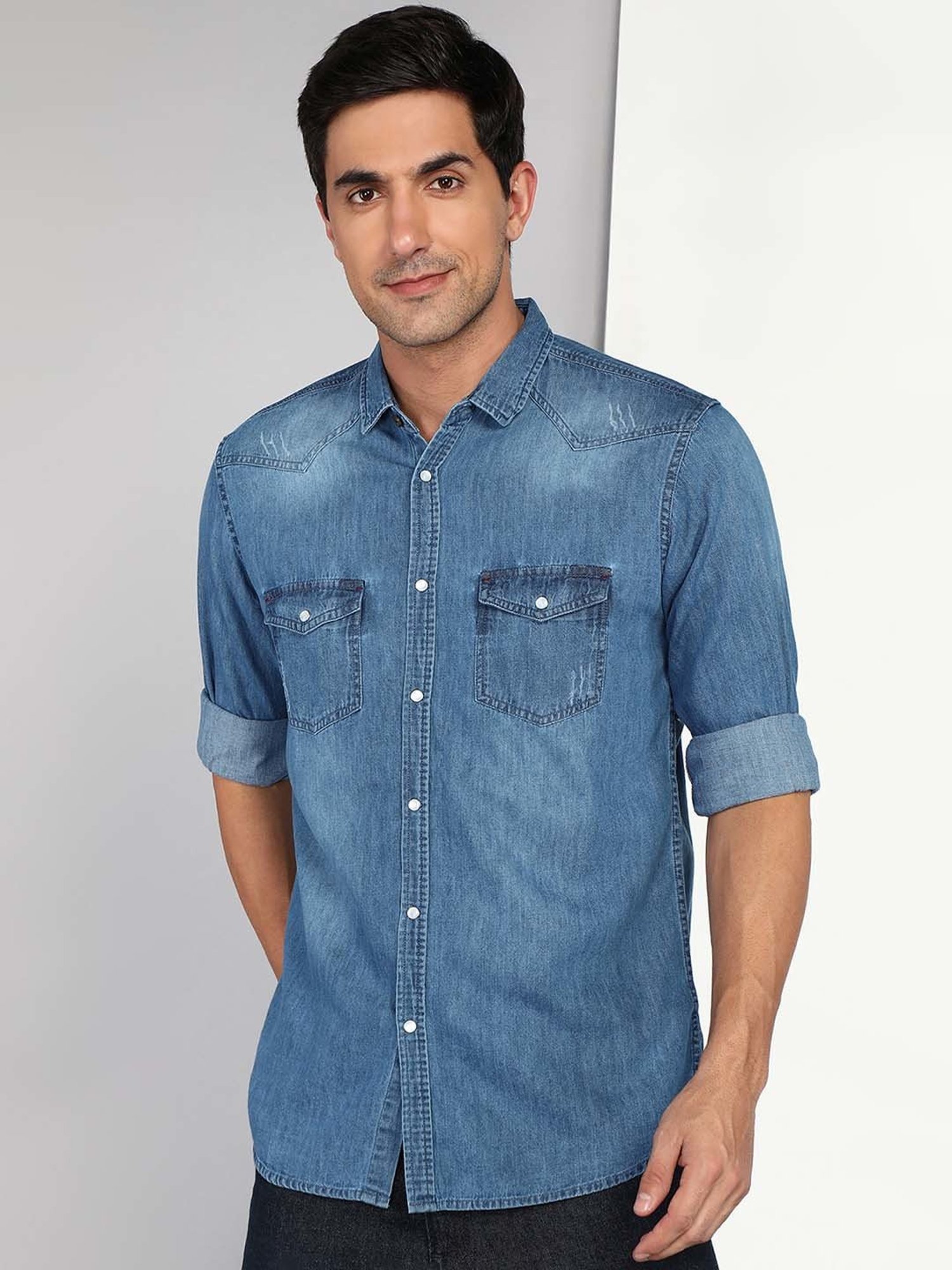 Kuons Avenue Blue Slim Fit Denim Shirt