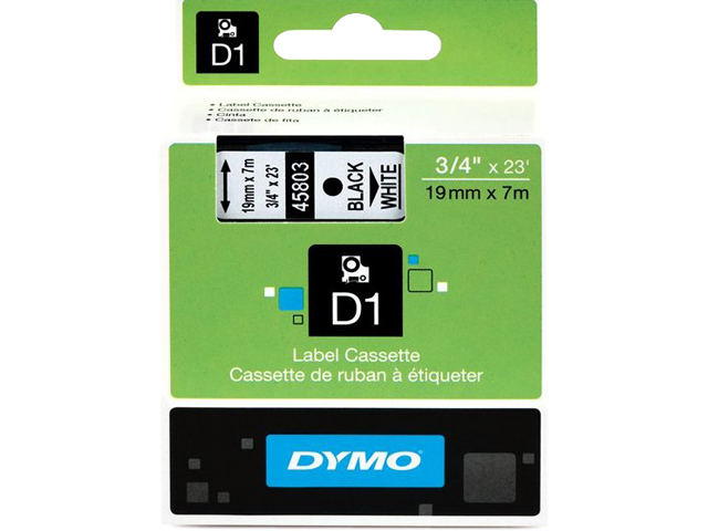Dymo 45803 Black on White D1 Label Tape 0.75" Width x 23 ft Length - 1 Each - Polyester - Thermal Transfer - White