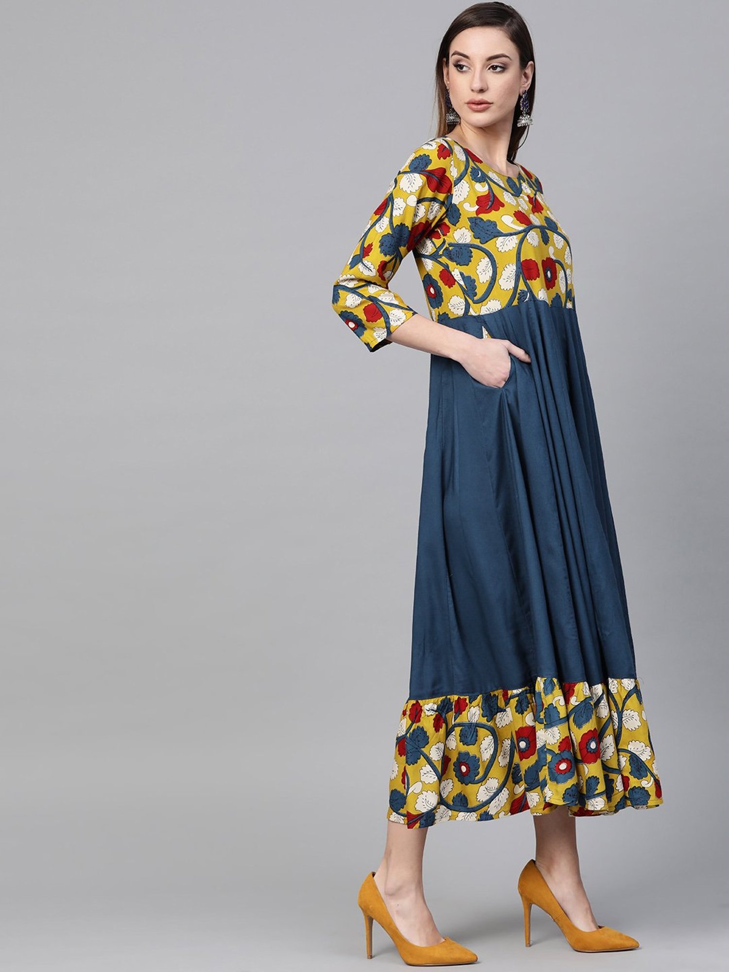 Geroo Jaipur Yellow & Navy Blue Kalamkari Hand Block Printed Rayon Dress