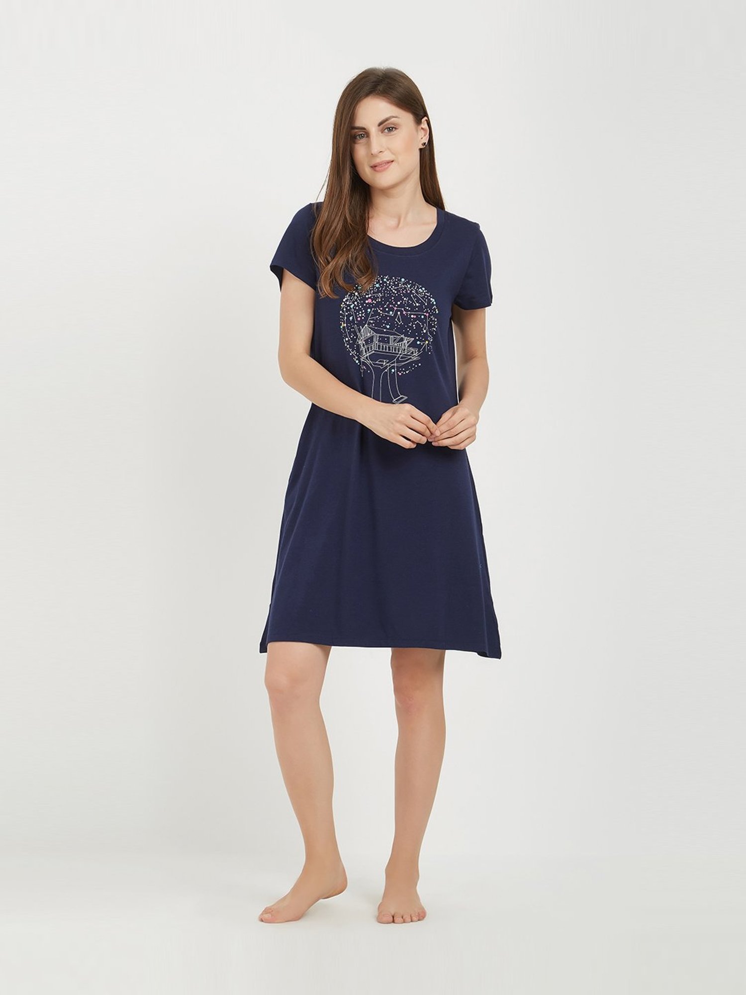 Soie Navy Cotton Printed Sleep T-Shirt