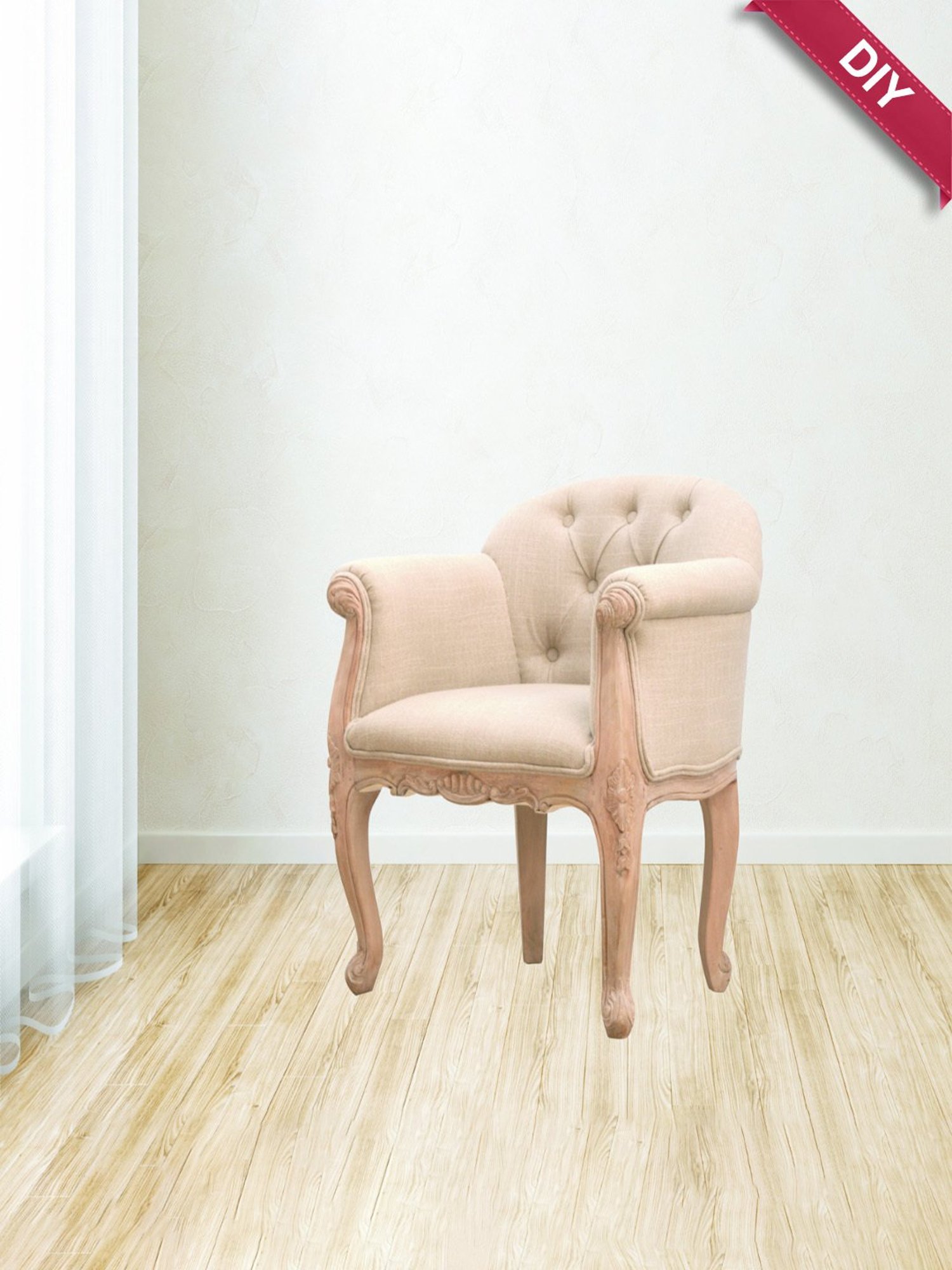 Artisan Furniture French Style Beige & Brown Wood Deep Button Chair