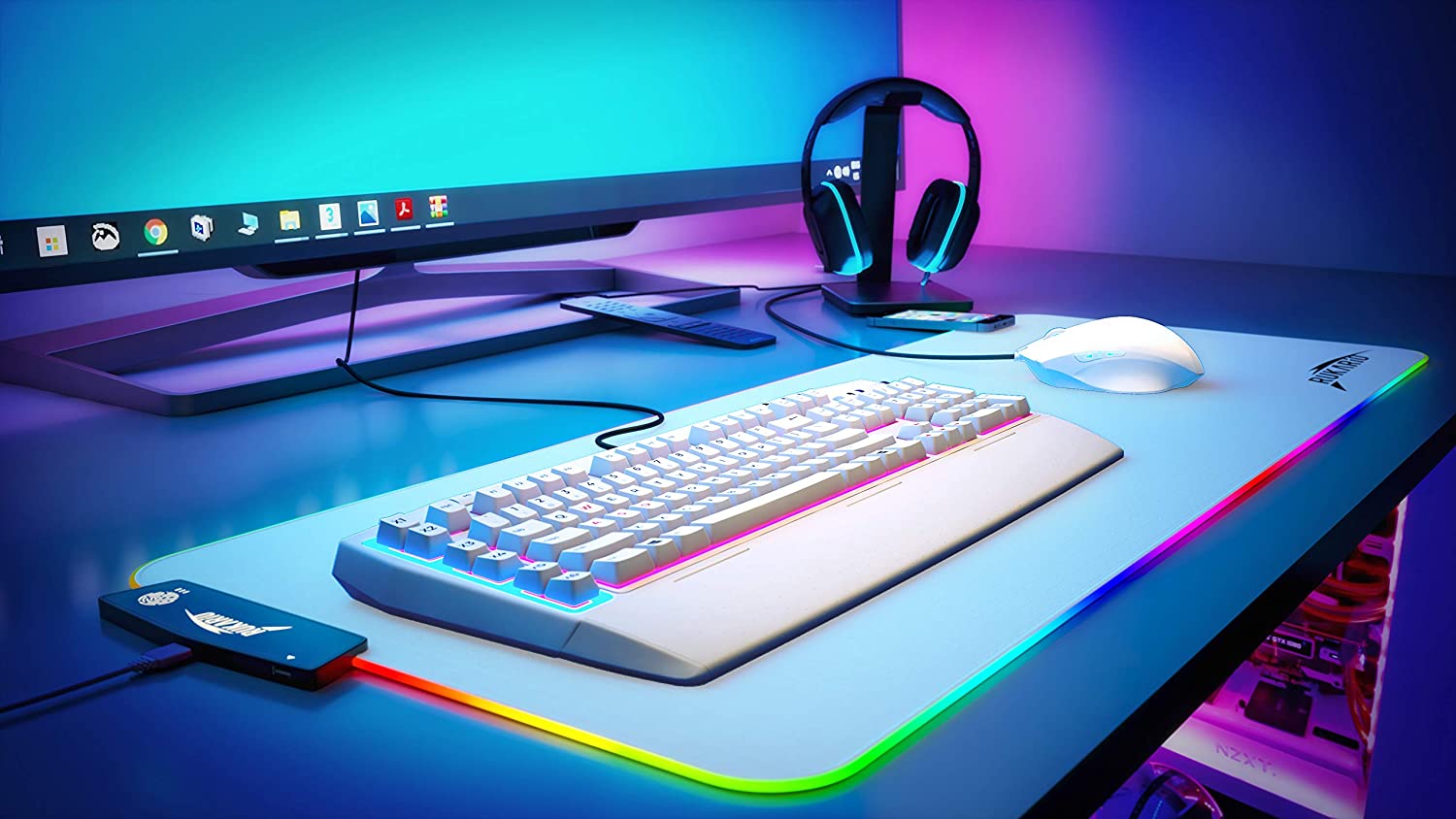 White RGB Gaming Mouse Pad | Waterproof | Non-Slip Rubber Base | 15 Lighting Modes | Extra Large Mousepad 31.5 x 11.8 inches | XL XXL Computer Desk Mat | Soft | Glowing LED Extended Mousepads