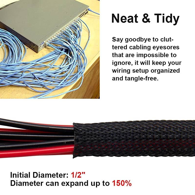 100 Feet 12 inch Flexible Expandable Braided Cable Sleeve Wire Loom Sleeving and Organizer Protector for TV Audio PC Cords from Pets Chewing by  Black