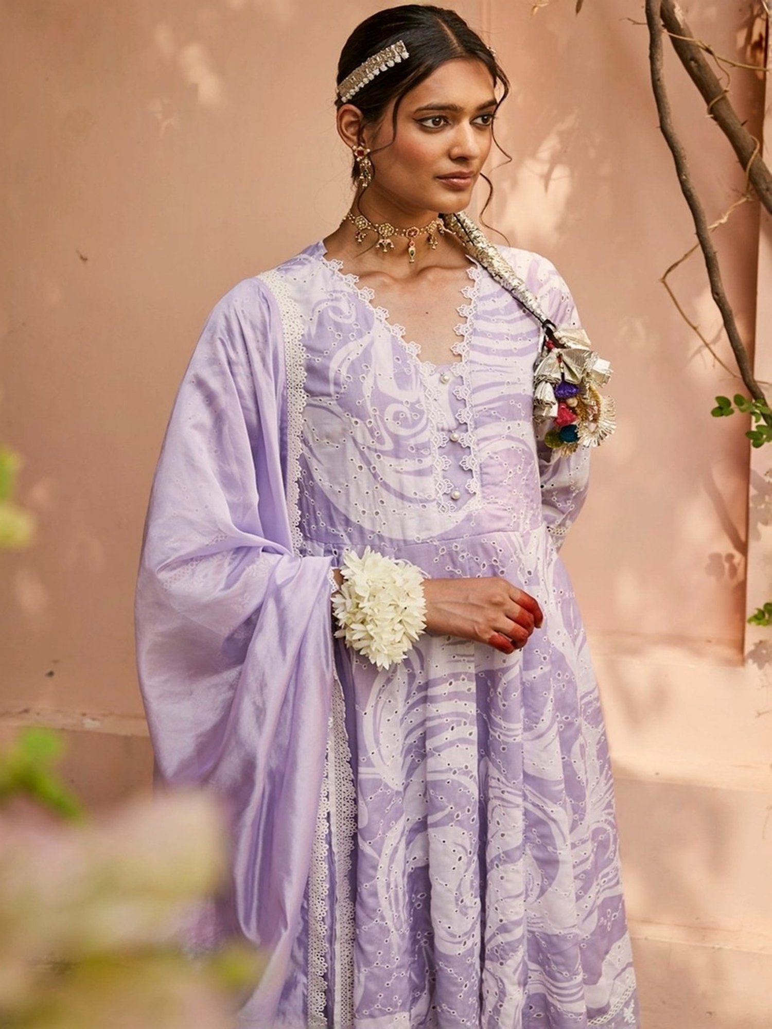 Heeposh Lilac Cotton Embroidered Kurta Pant Set With Dupatta