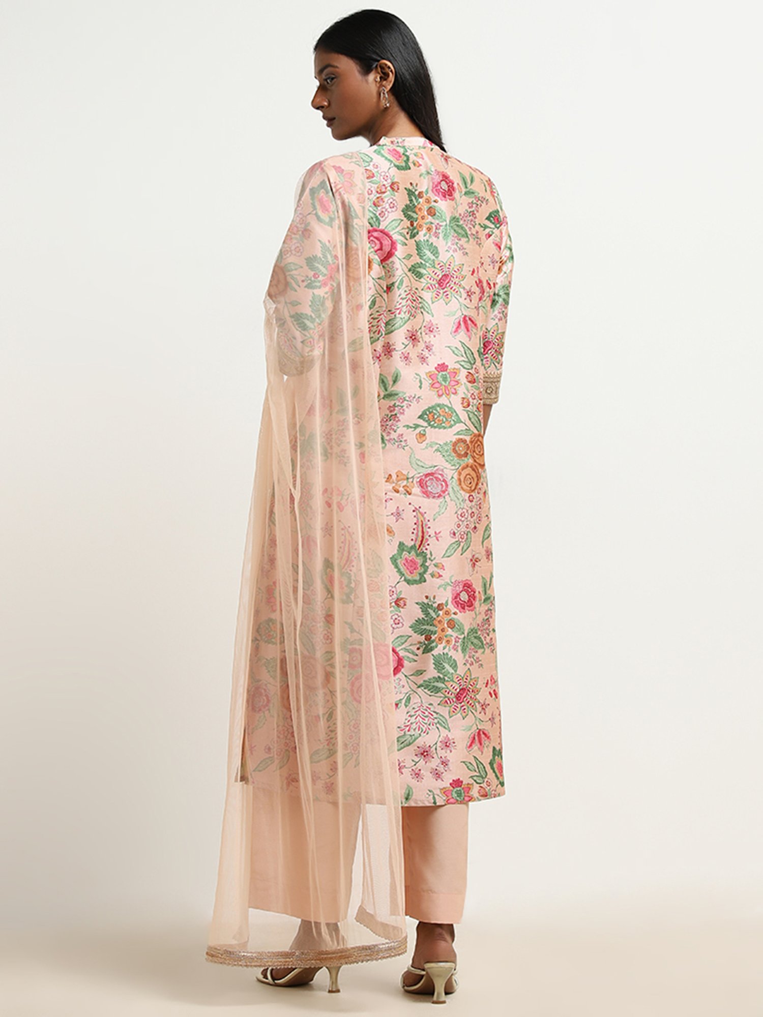 Vark by Westside Peach Floral Printed Kurta, Palazzos and Dupatta Set