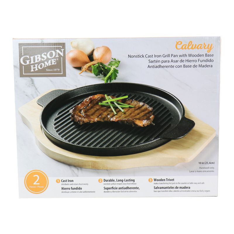 Gibson Home Calvary Nonstick Cast Iron Grill Pan with Wooden Base Set