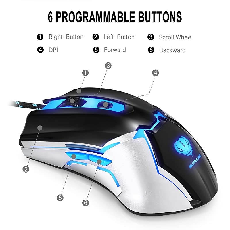 MouseUSB Wired PC Mice 3200 DPI with 4 Adjustable Levels Comfortable Ergonomic Grip Design with Blue LED 6 Programmable Buttons for PCNotebook MacBookWindowsVista Linux Blue