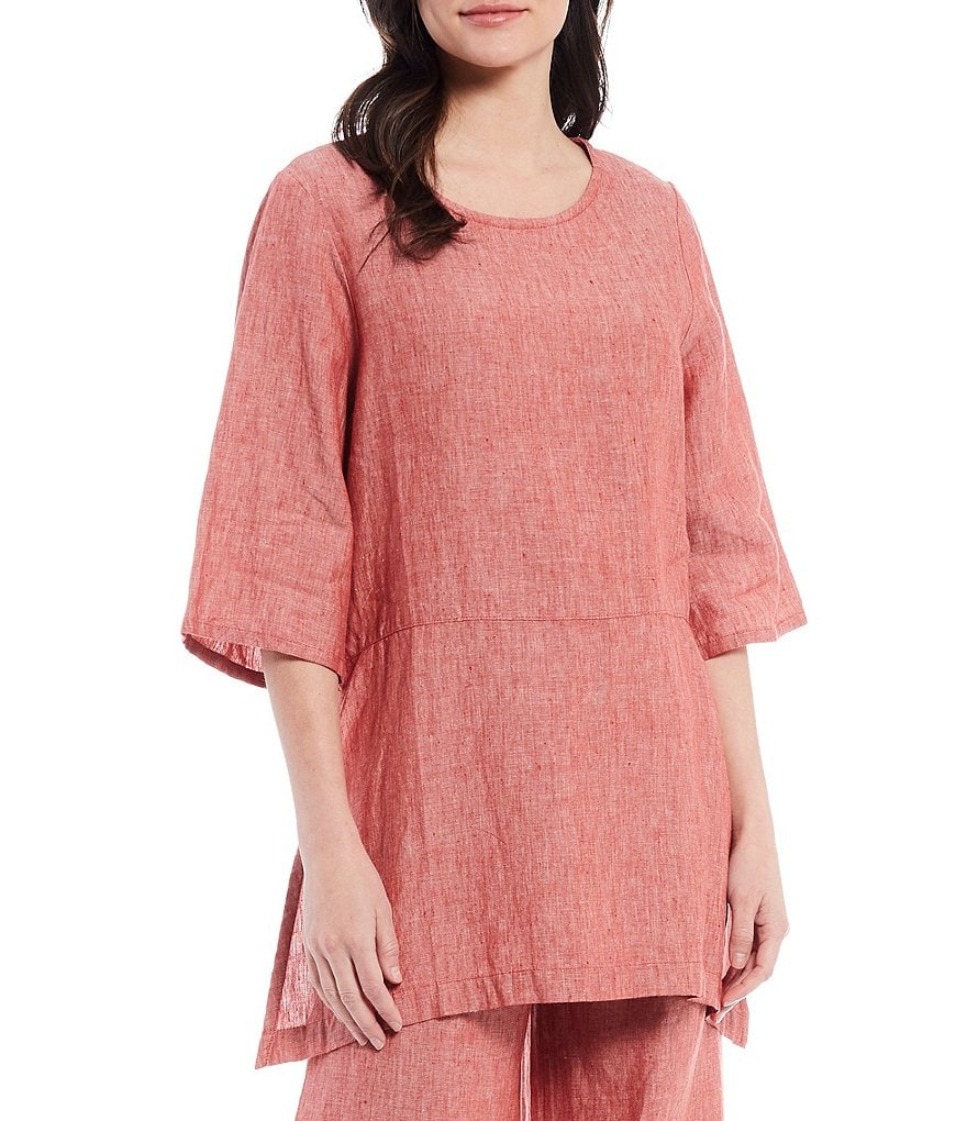 Bryn Walker Bre Round Neck Short Sleeve Side Slit Cross-Dyed Linen Tunic