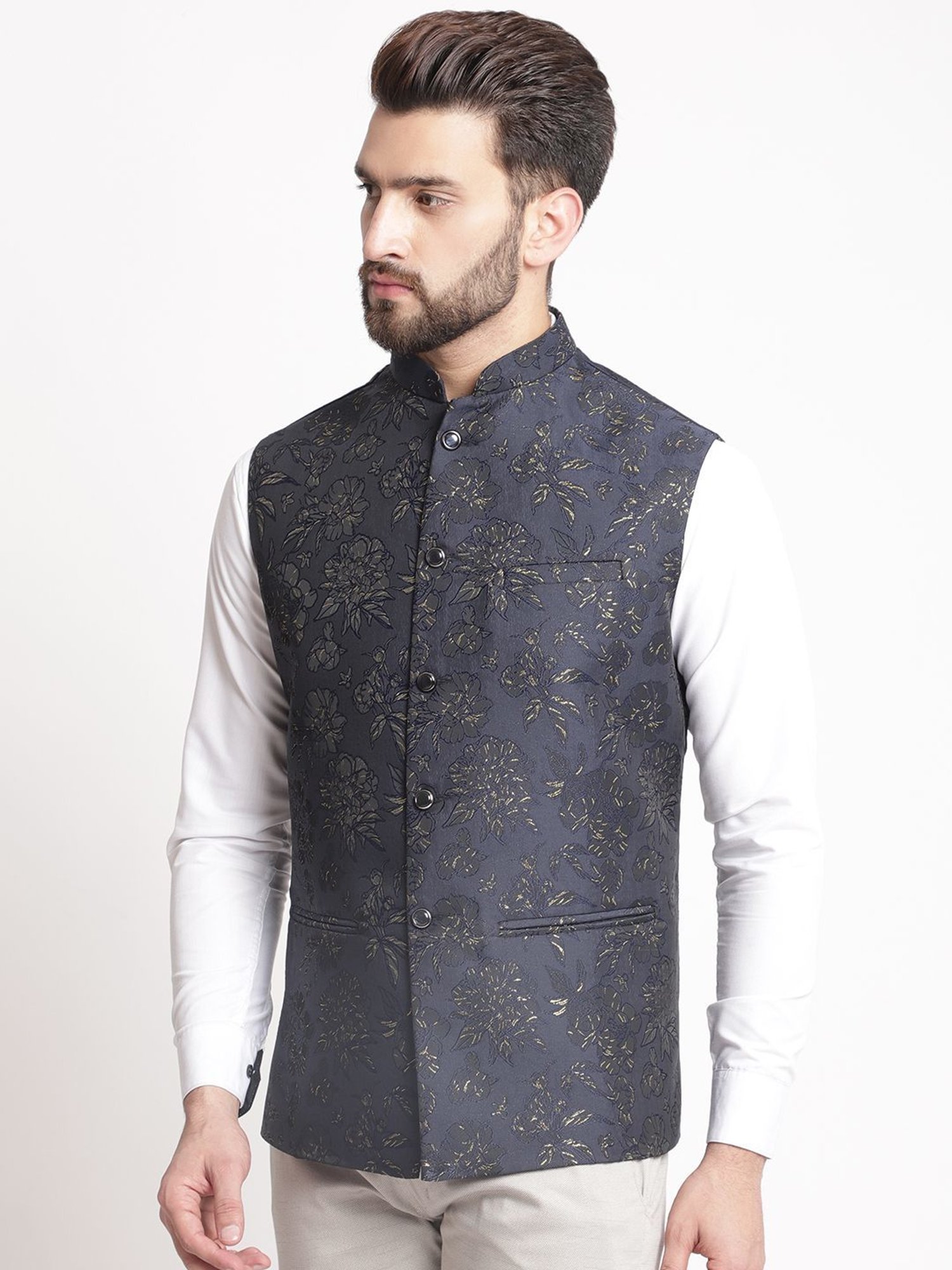 Treemoda Blue Regular Fit Embroidered Nehru Jacket