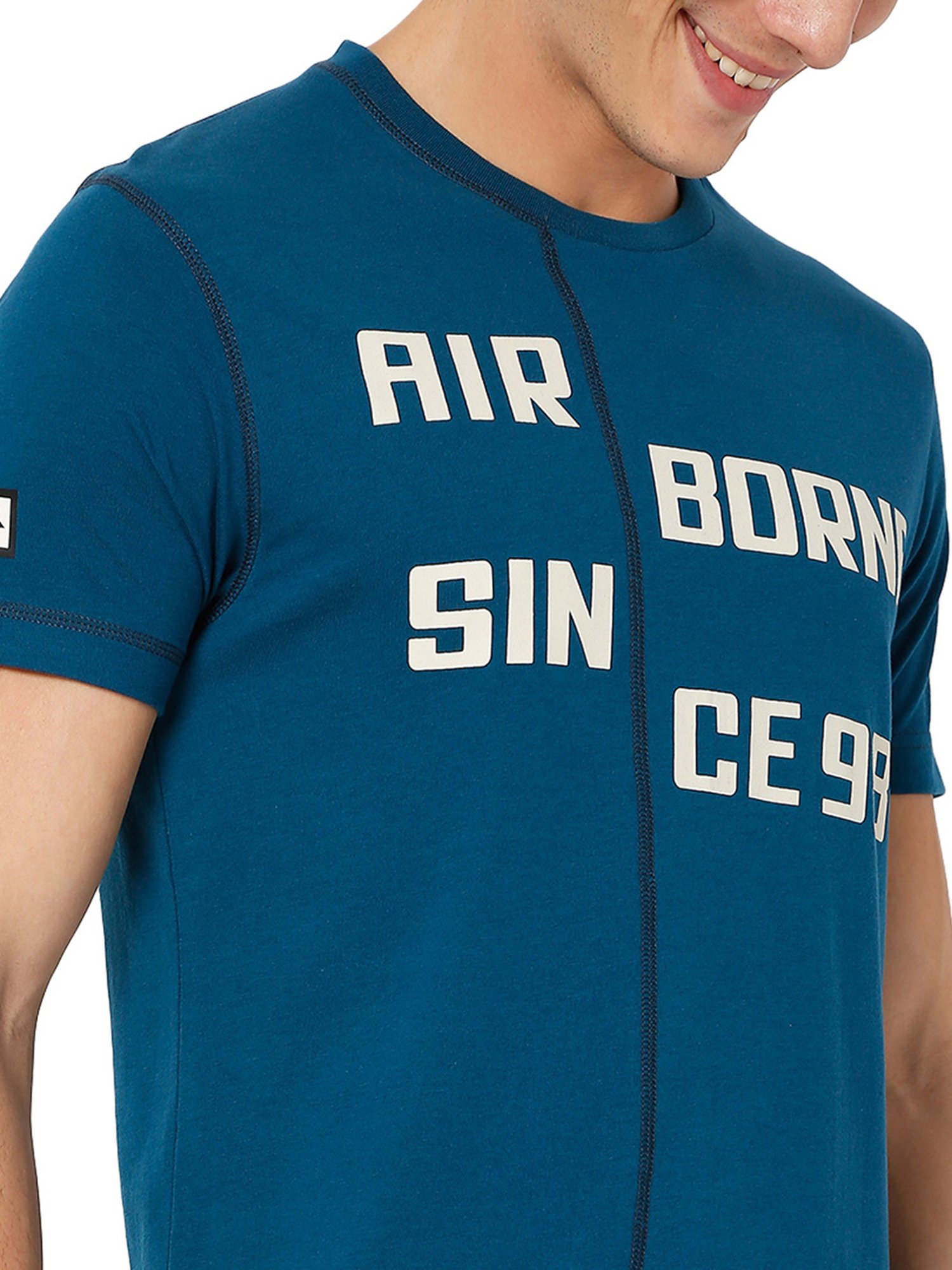 Mufti Teal Slim Fit Printed Crew T-Shirt