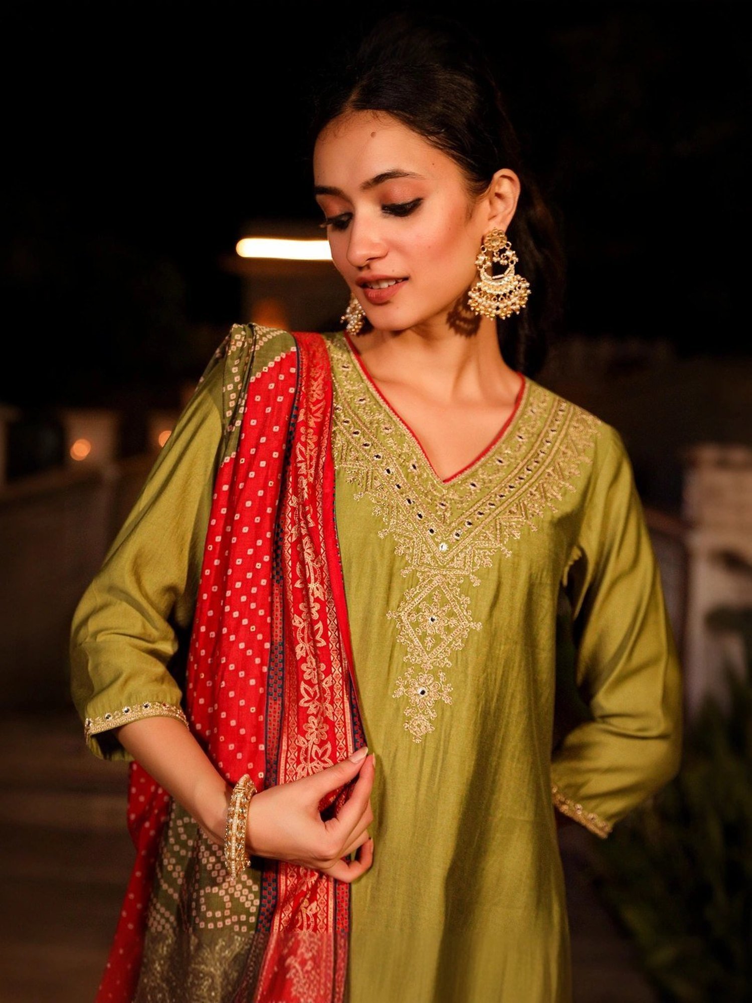 Juniper Green Embroidered Kurta Pant Set With Dupatta