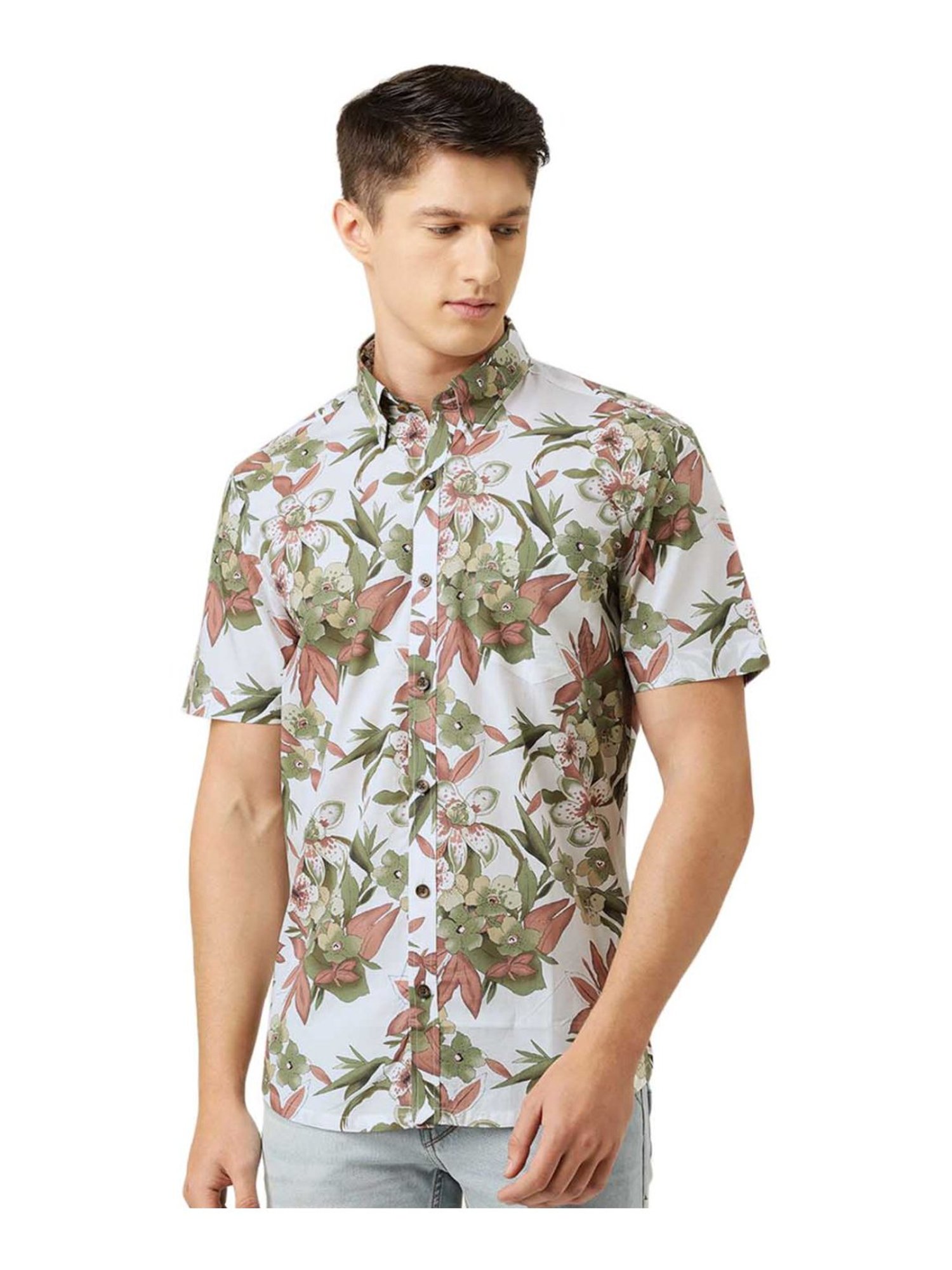 Burnt Umber Green Cotton Regular Fit Floral Print Shirt