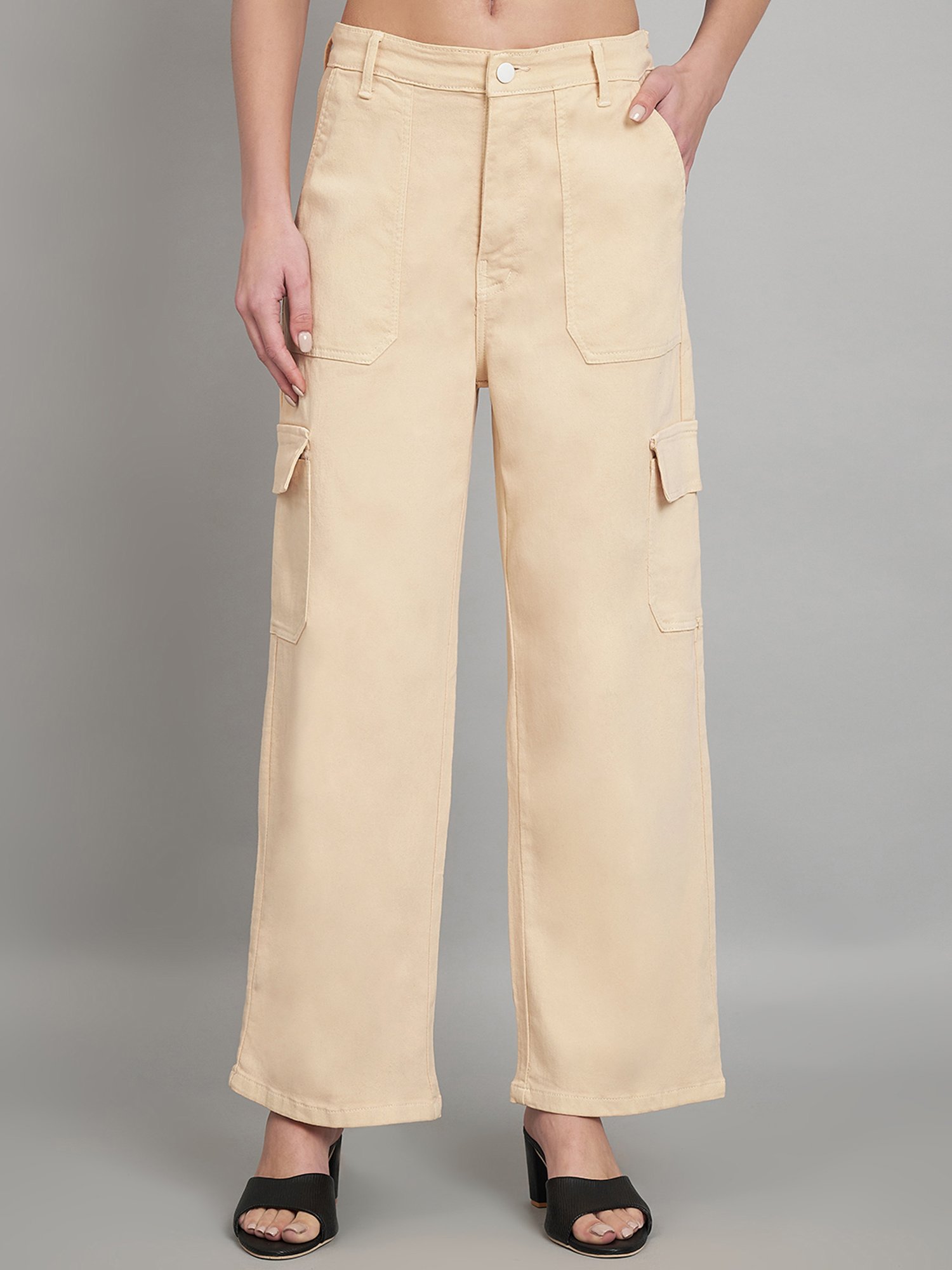 Angelfab Beige Cotton Relaxed Fit High Rise Cargo Jeans