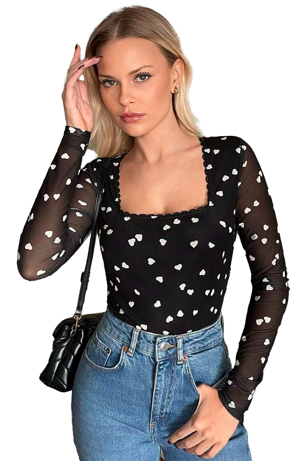 Rose Red Rhinestone Mesh Long Sleeve Bodysuit