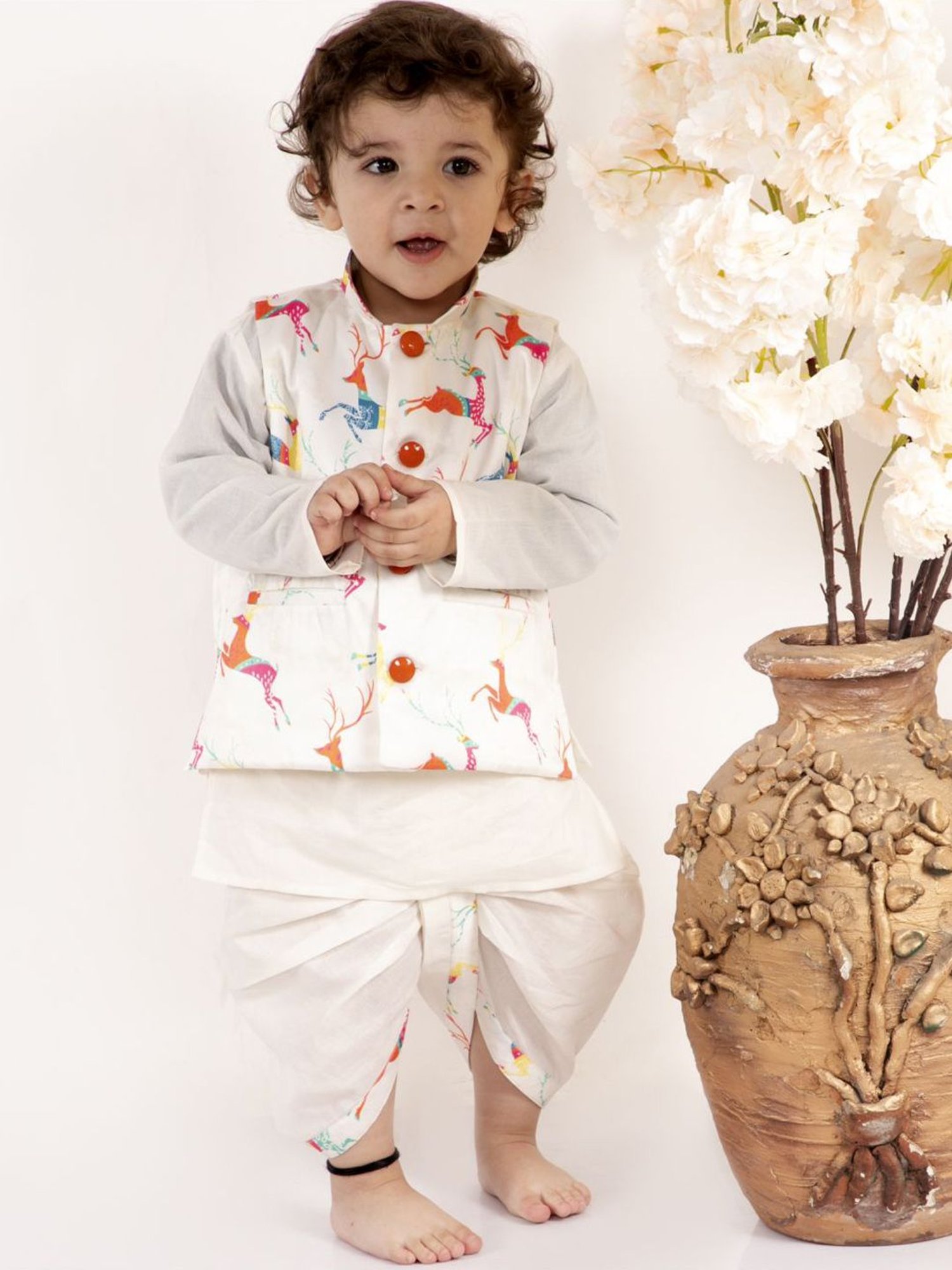 Little Bansi Kids White Cotton Printed Kurta Set