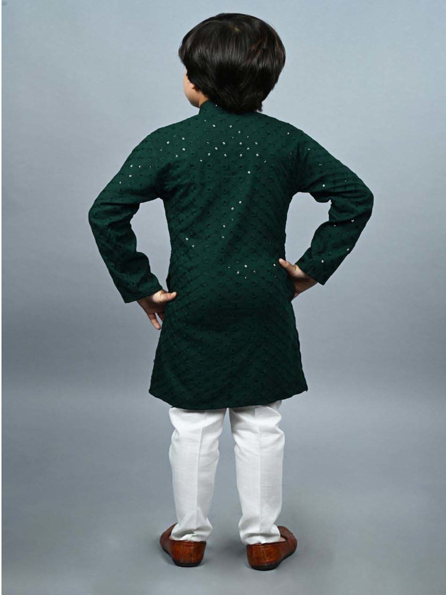 Ahhaaaa Kids Green Cotton Embellished Full Sleeves Kurta Set