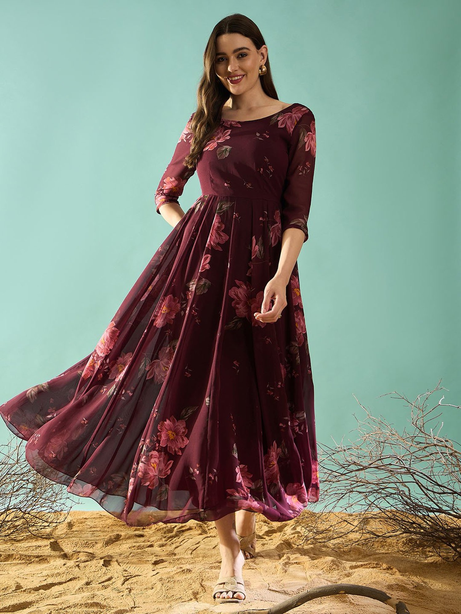 PANIT Maroon Floral Print Ethnic Dress