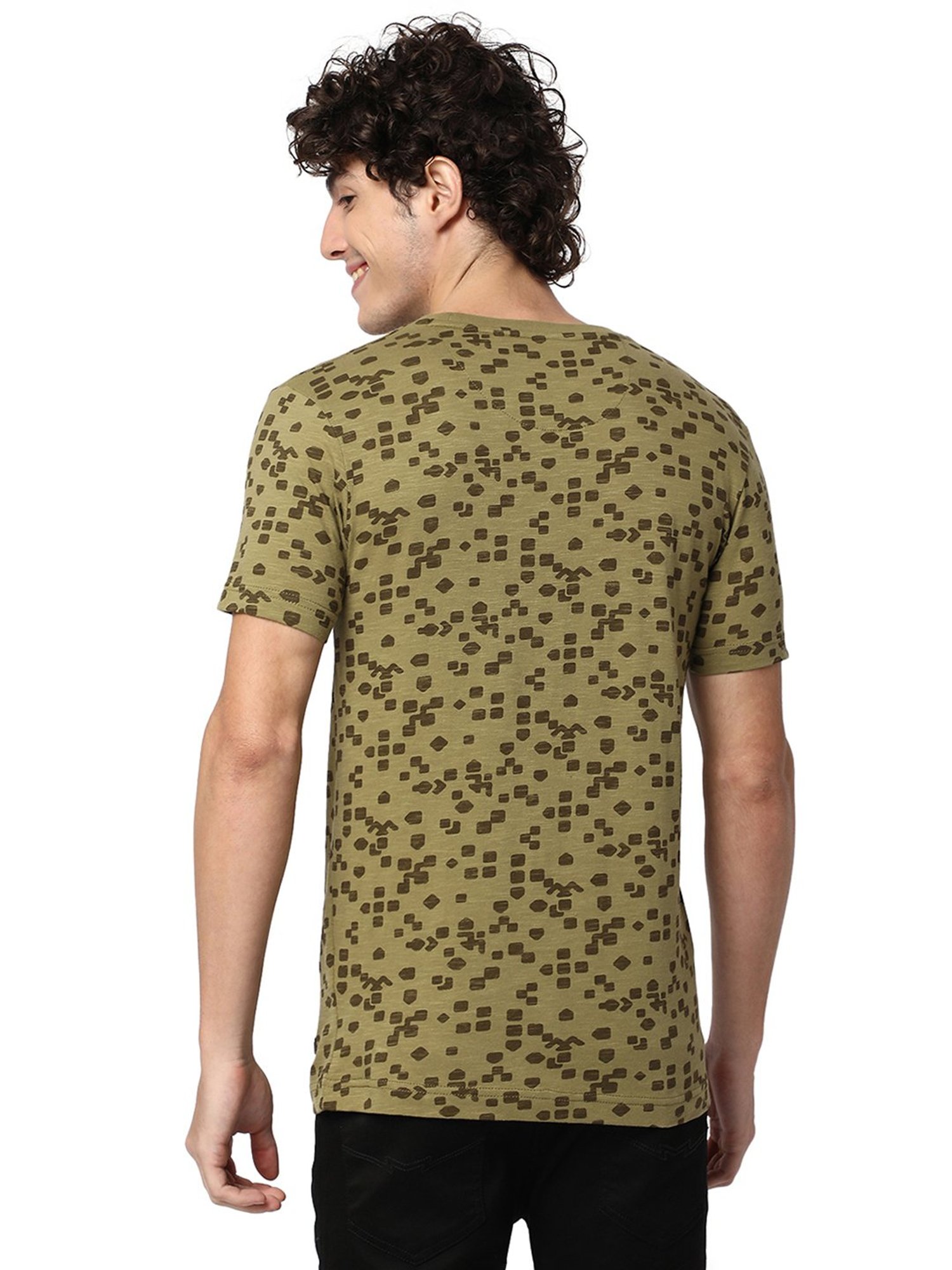 Mufti Light Olive Slim Fit Printed Crew T-Shirt