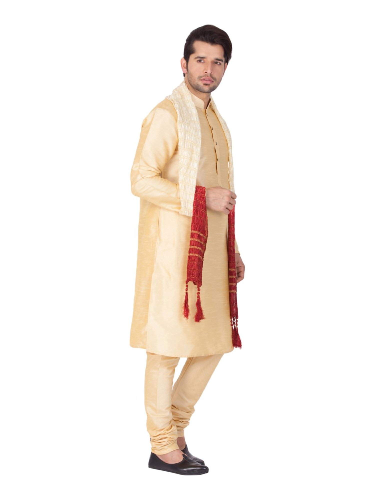 VASTRAMAY Beige & Red Lace Pattern Ethnic Dupatta