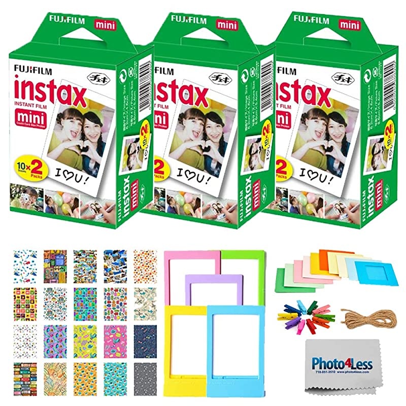 Instax Mini Twin Pack Instant Film 60 Exposures + Travel Stickers + 5 Colored Frames + Hanging Frames Fuji Instax Accessory Kit